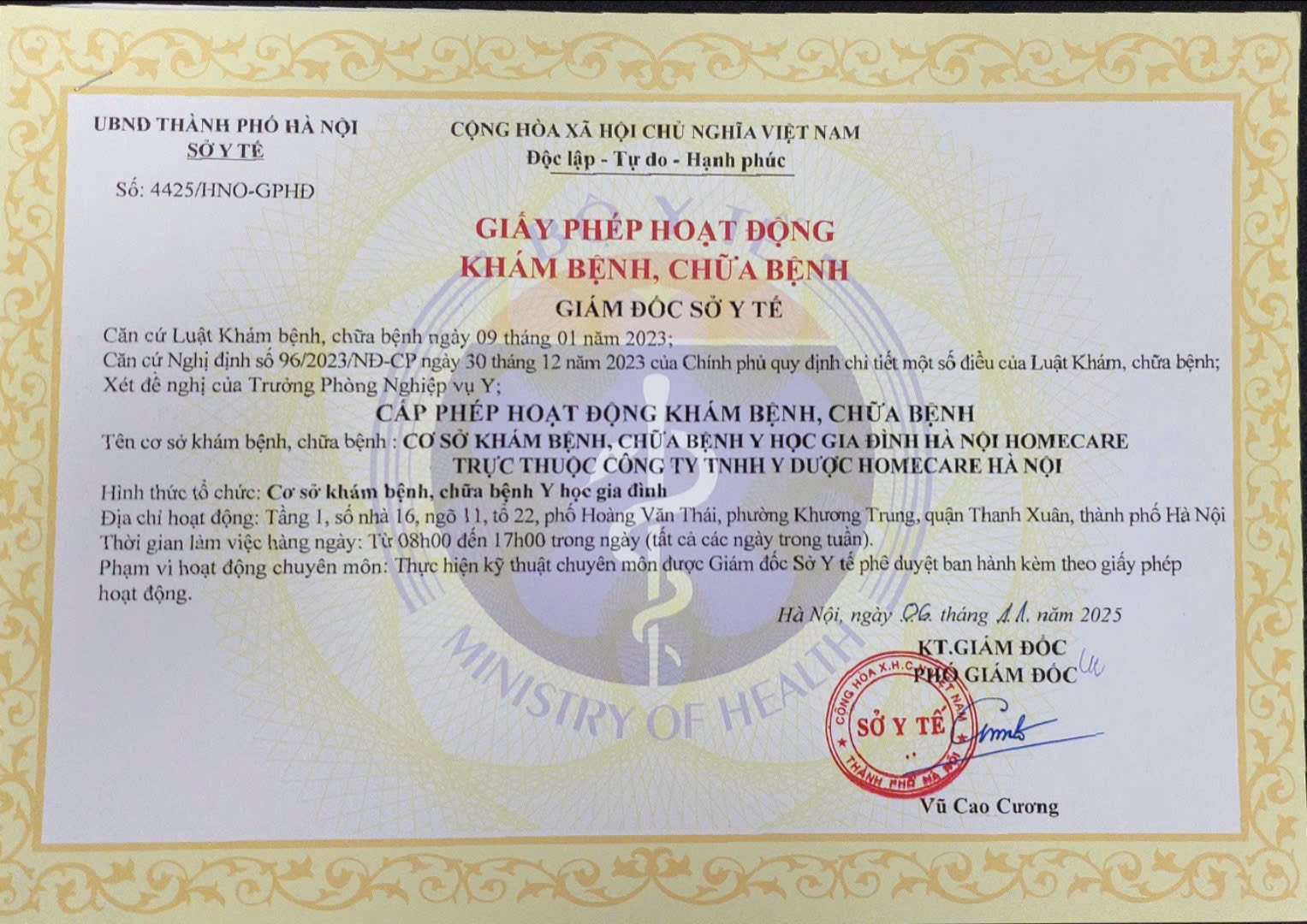 Giấy phép hoạt động Hà Nội Homecare